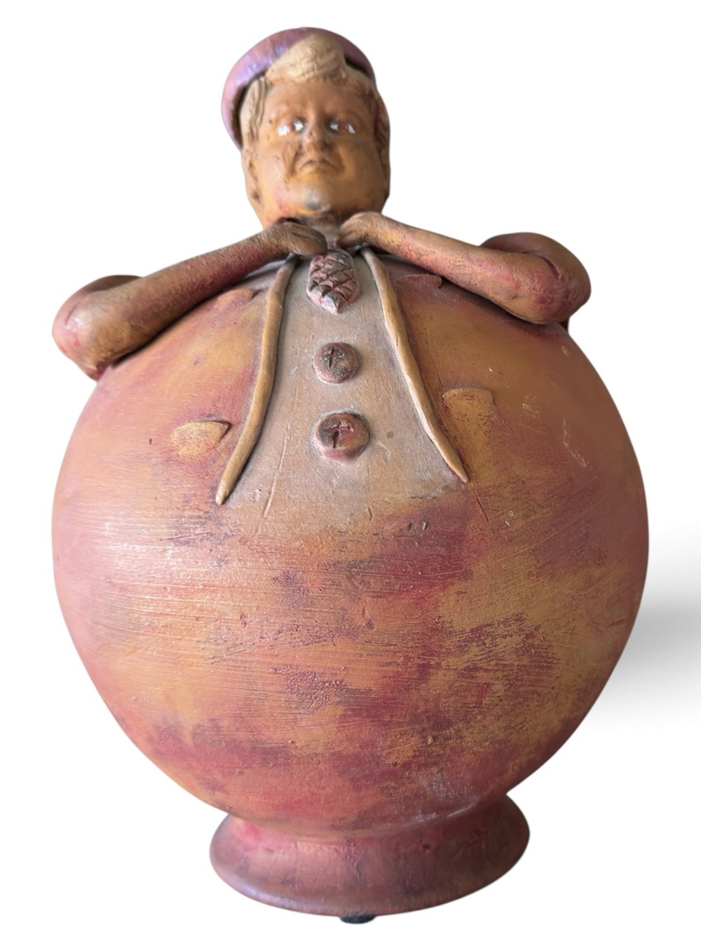 Studio Art Pottery Novelty Figural Jug Ewer Rotund Man Removable Hat Lid Signed